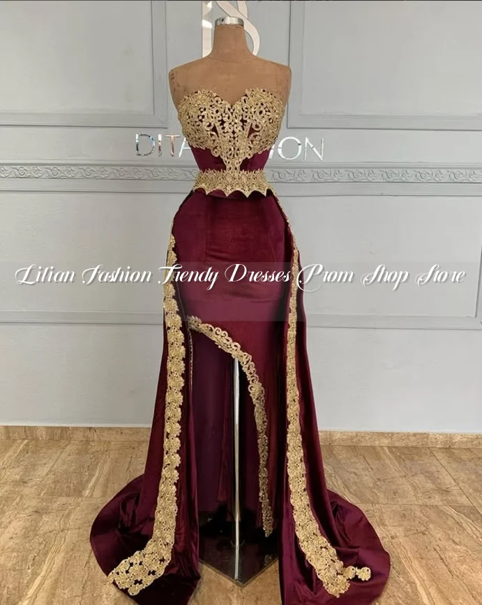 Brown Red Arabian Evening Dress 2025 Elegant Sheath Gold Appliqued Split Bandeau Train Custom Women's Party vestidos de gala