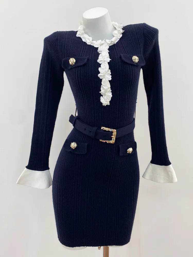 Chic and stylish knit dress—a new-for-Autumn 2026 fitted women's dress featuring a contrasting floral collar and a waist belt.