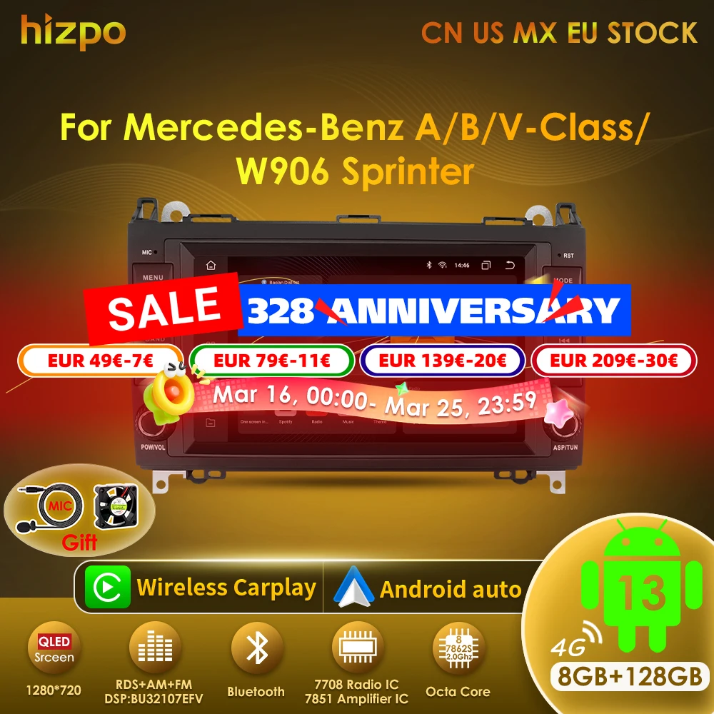 

Hizpo 8-дюймовый мультимедийный экран Android для Mercedes Benz B200 Sprinter W906 W639 AB Class W169 W245 Viano Vito Car Auto Radio 8+128G