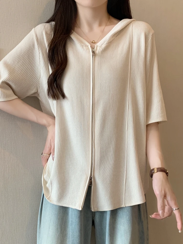 

Slim Fit Ice Silk Knitted Short Sleeve T-Shirt Women's Summer plus Size Conceals Belly Double Zipper Hooded Base Top