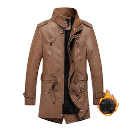New Men Winter Pu Leather Jacket Men Fleece Stand Collar medium Length Men Autumn Casual Windproof Warm Leather Jacket Male Coat
