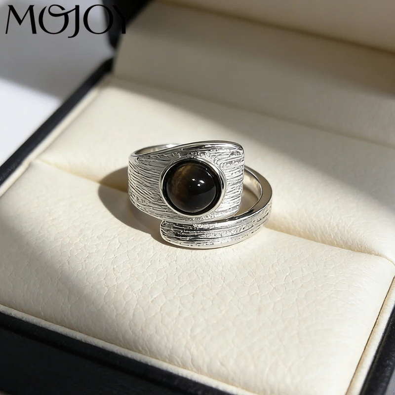 MOJOY Retro Amber Stone Inlay Silver-Plated Open Ring For Women Handmade Wire Drawing Process Jewelry Accessories Party Gifts