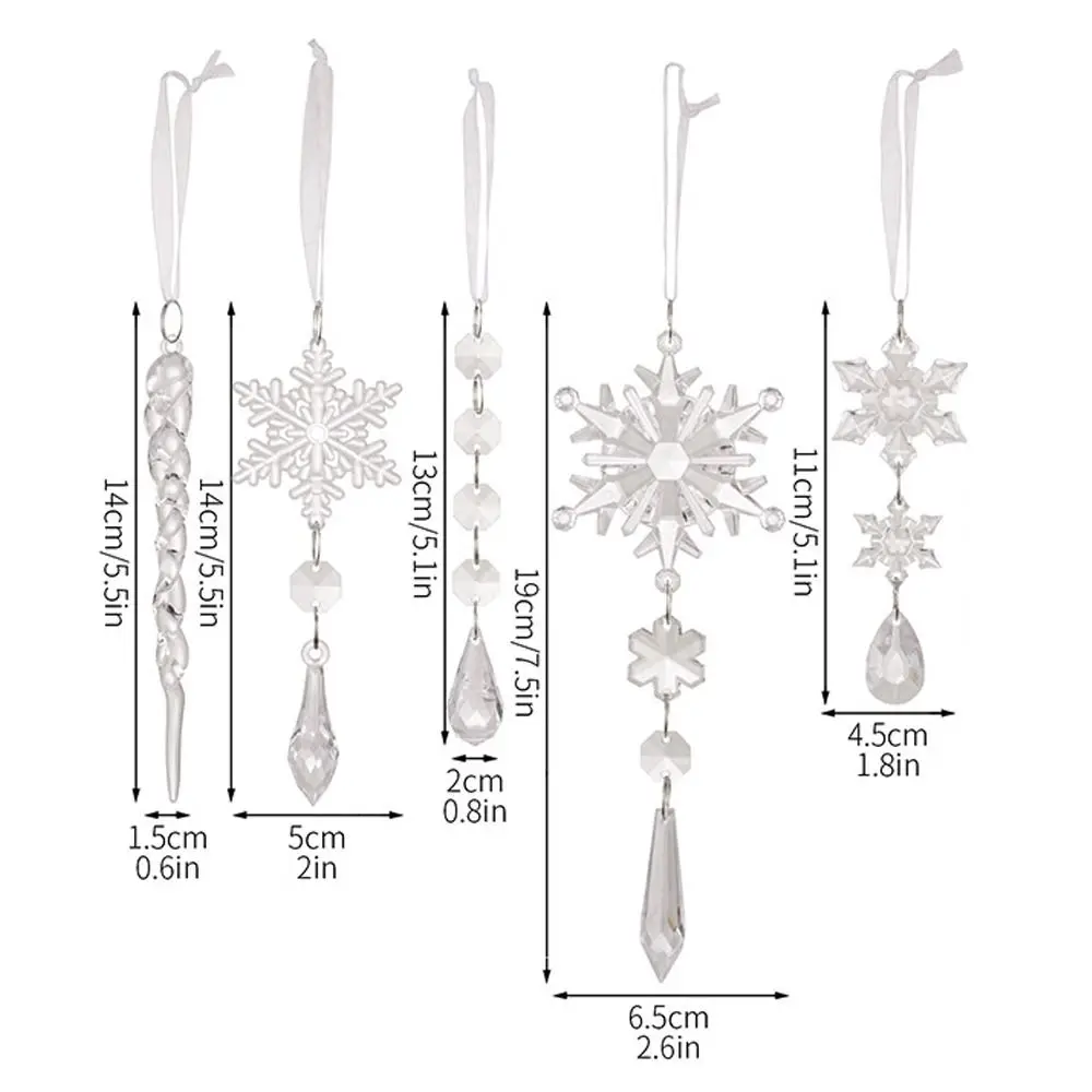 5 pendenti in acrilico con fiocchi di neve di Natale, pendenti colorati con strisce di ghiaccio trasparenti con fiocchi di neve, squisiti fai da te