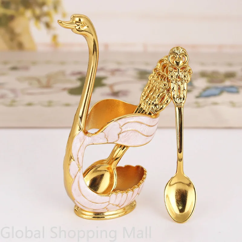 Creative Dinnerware Set with Decorative Swan Base Holder and 6 Spoons or Folks for Coffee Fruit Dessert Stirring Mixing