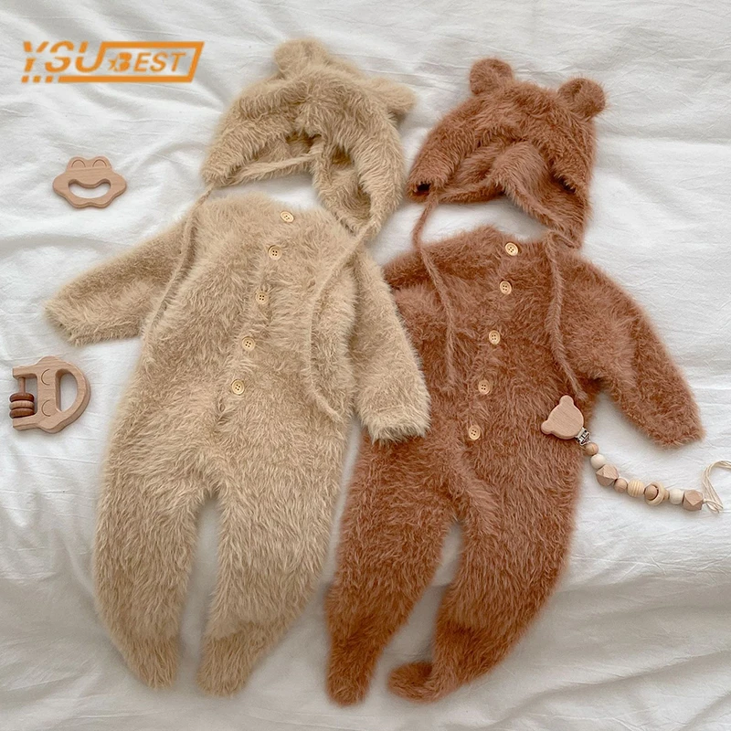 Newborn Kids Baby Boys Girls Thicken Rompers Clothes + Hat Infant Baby Boy Girl Long Sleeve Lovely Bear Rompers Clothes