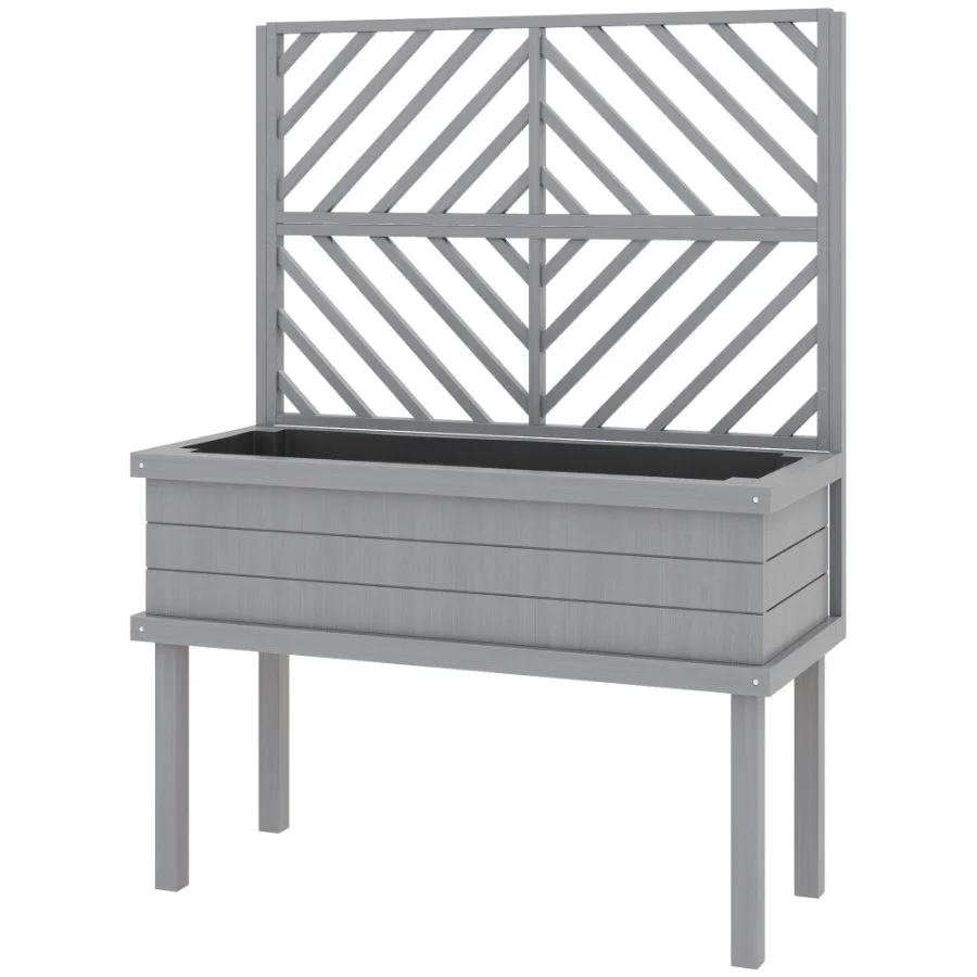 

Elevated Wood Planter with Trellis for Climbing Plants Raised Garden Bed with Legs and Drainage Holes Gray