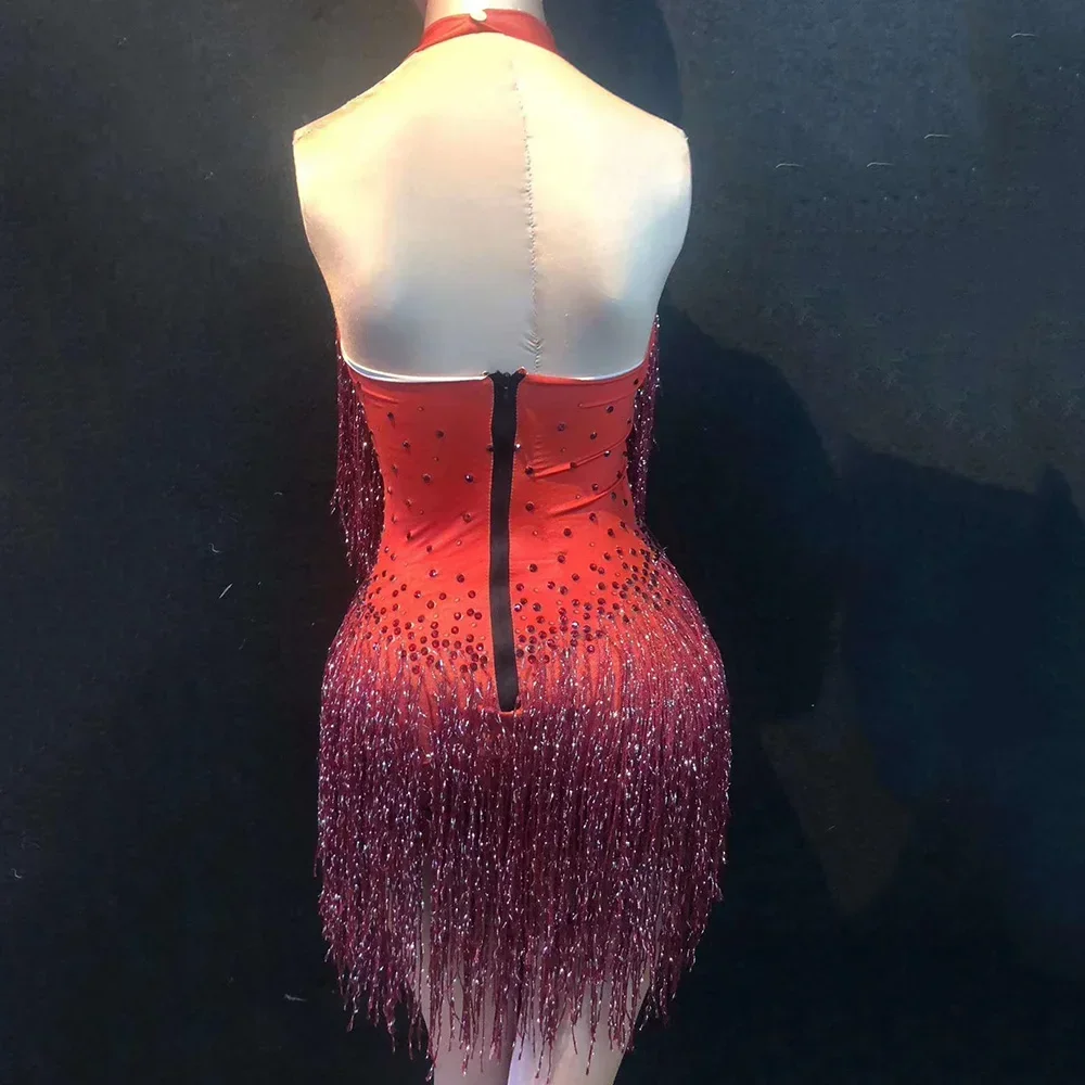 Kobiety świecący Rhinestone taniec na rurze Halter klub nocny DJ występ piosenkarza czerwone body Bling Tassel trykot 2025