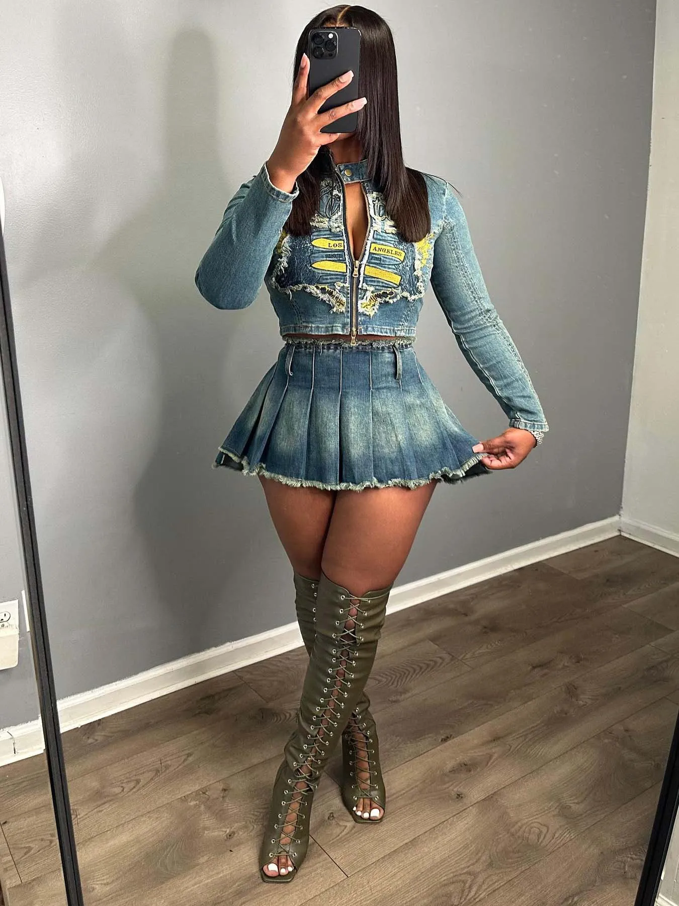 Women'S Embroidered Stretchy Denim Jacket And Ruffle Denim Skirt Set Casual Two-Piece Set Streetwear Pleated Skirt Jackets Set