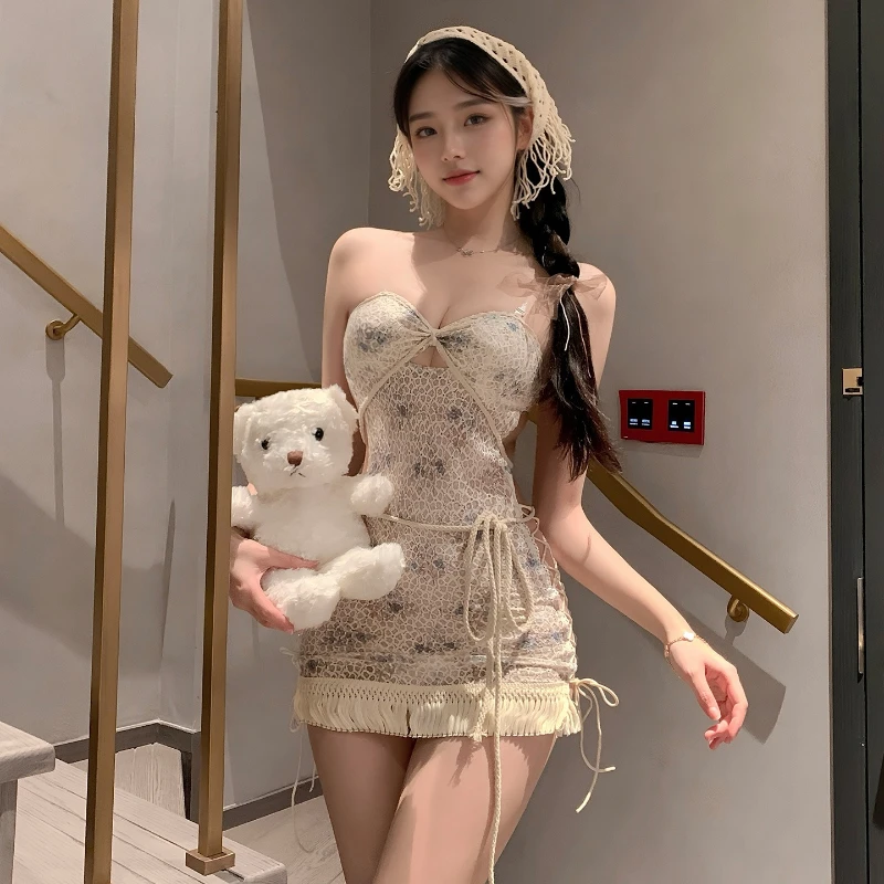 

Holiday Style Floral Dress Hollow Out Flirtatious Wrap Hip Sexy Lingerie Backless Bandage Suspenders Skirt Gift for Girlfriend