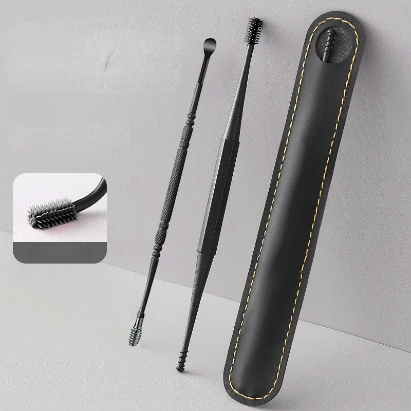 Juego de cucharas para quitar cerumen de silicona suave en espiral de doble cabezal, herramienta de limpieza para extracción de cerumen de acero inoxidable
