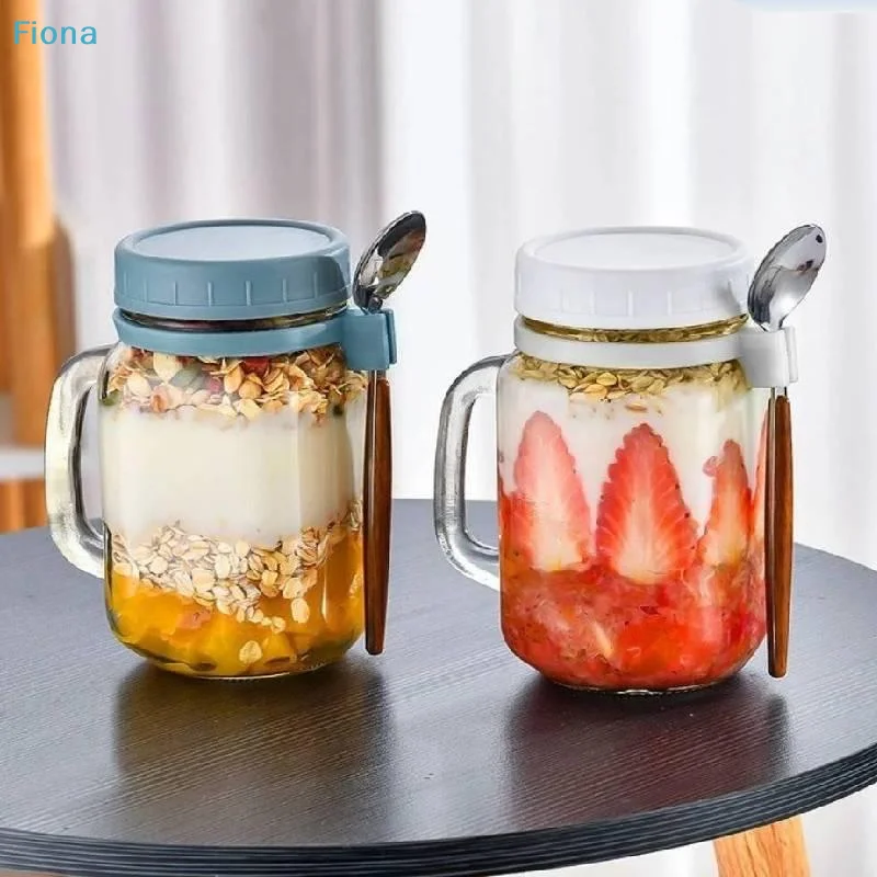 Meal Prep Oatmeal Jars - ✔ 500mlの持ち手付き蓋とスプーンが付いたガラス製オーバーナイトオーツ容器、シリアル、サラダ、ヨーグルト用