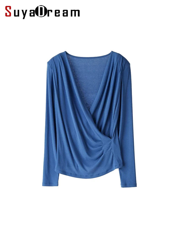 SuyaDream Women's Silk Blend T-Shirt, Wrapped V Neck, Long Sleeved, Ribs Knitted Basic Tee, Monochromatic, 2023 Fall, Winter