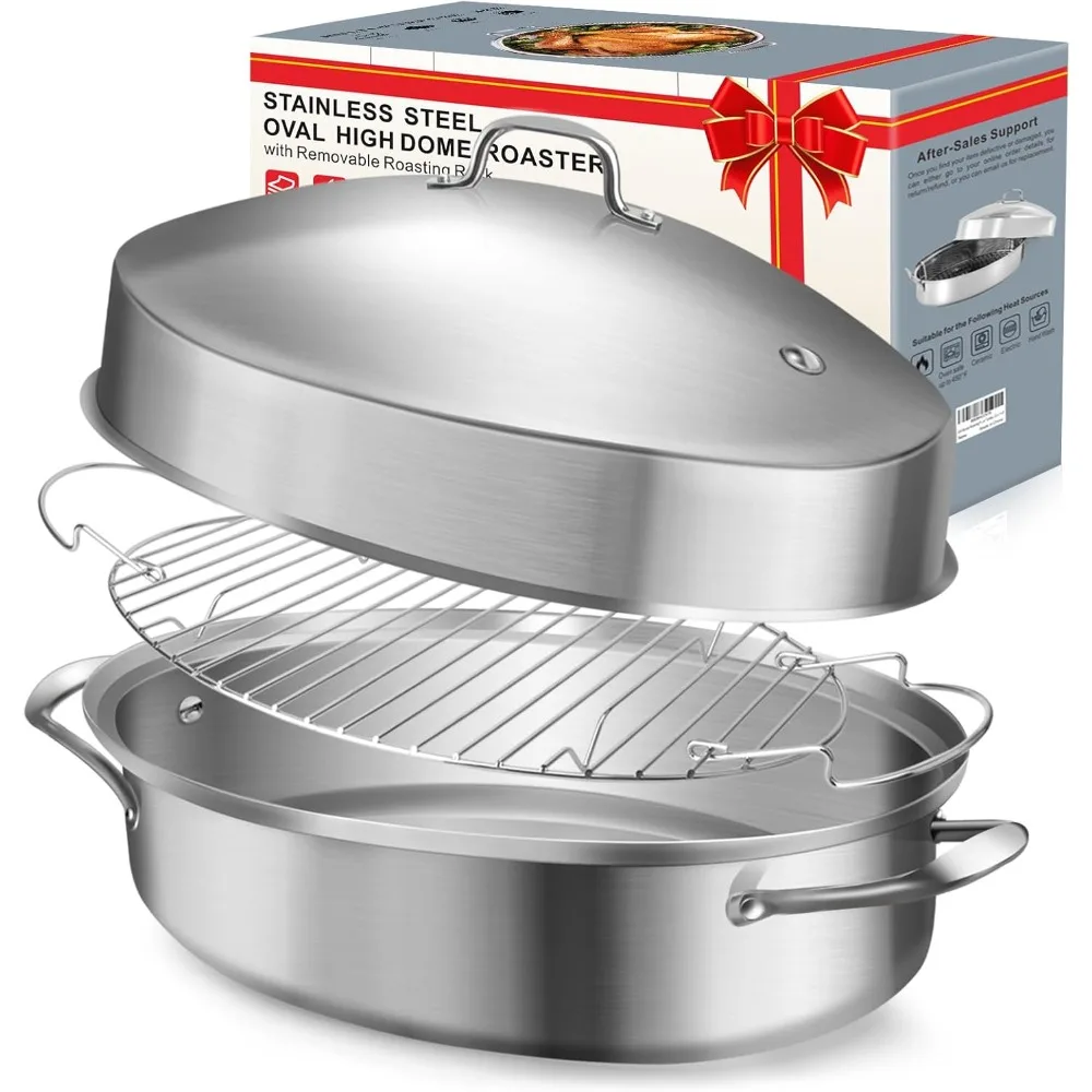 Large Oval Roasting Pan with Rack and Lid Nonstick Stainless Steel Turkey Chicken Oven Cookware
