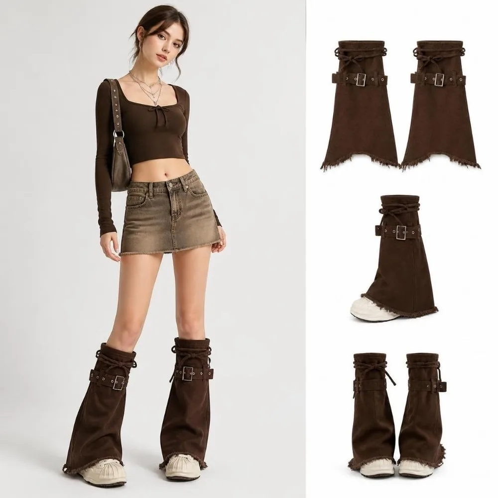 Punk Washed Denim Denim Leg Warmers Frayed Adjustable Buckle Boot Cuffs Strap Closure Flared Leg Warmers Streetwear Style