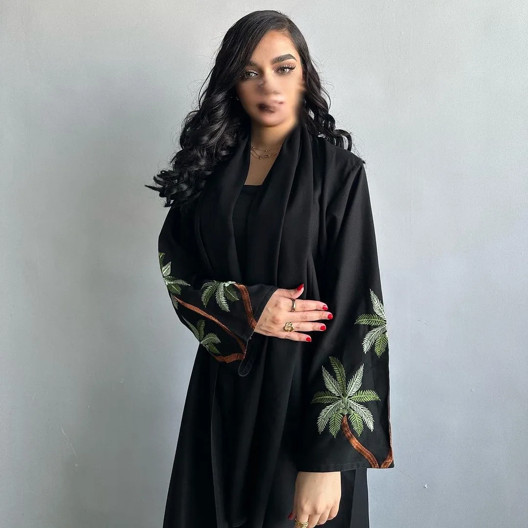 Abaya Kimono abierto informal negro para mujer musulmana, Ramadán Jalabiya Eid, bordado, manga larga, bata marroquí africana