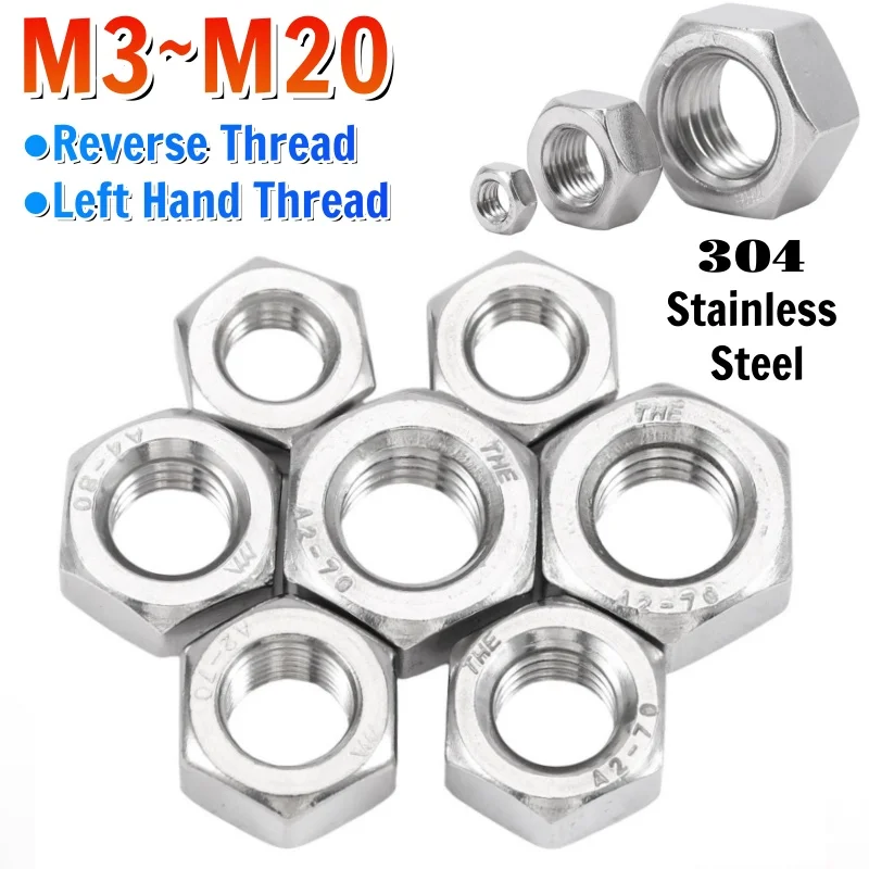 Beicai Left Hand Thread Hex Hexagon Nut 304 Stainless Steel Reverse Thread Hexagon Nuts M3 M4 M5 M6 M8 M10 M12 M14 M16 M18 M20