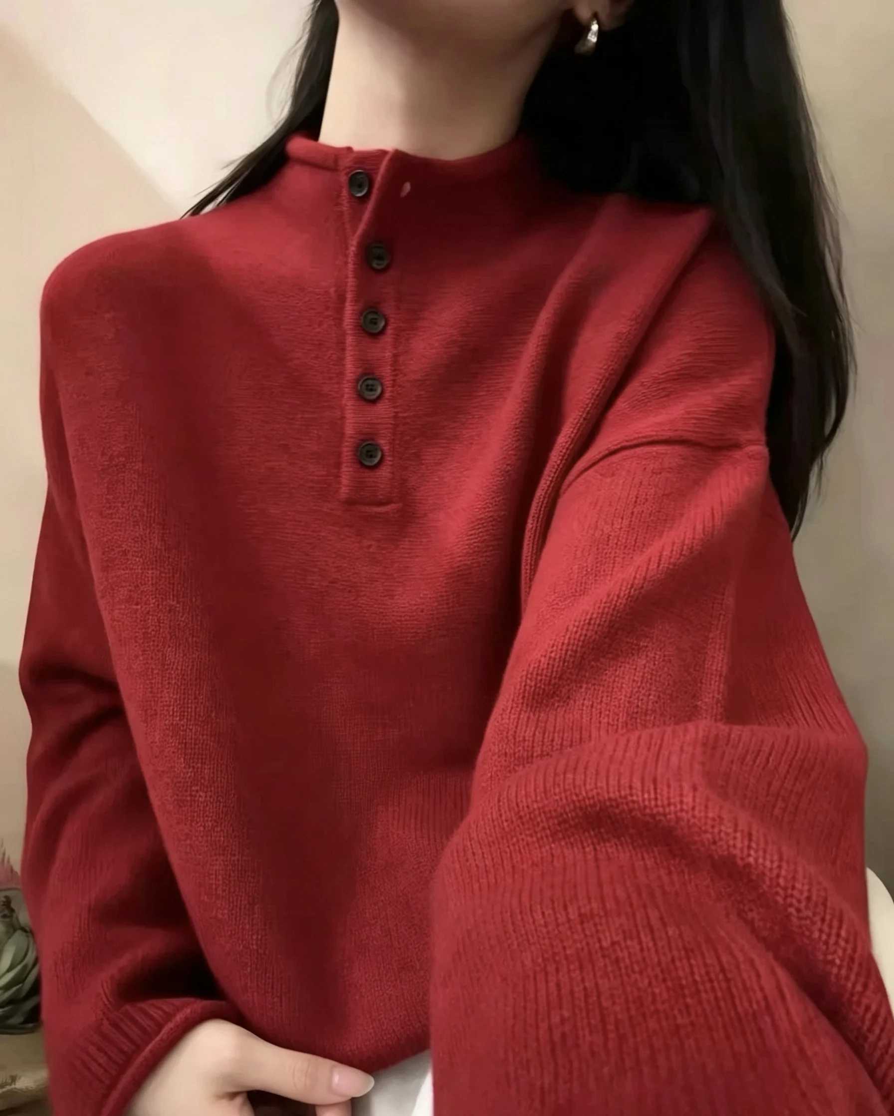 Temperament half-open collar 100% pure wool knitwear women's autumn and winter loose sweater