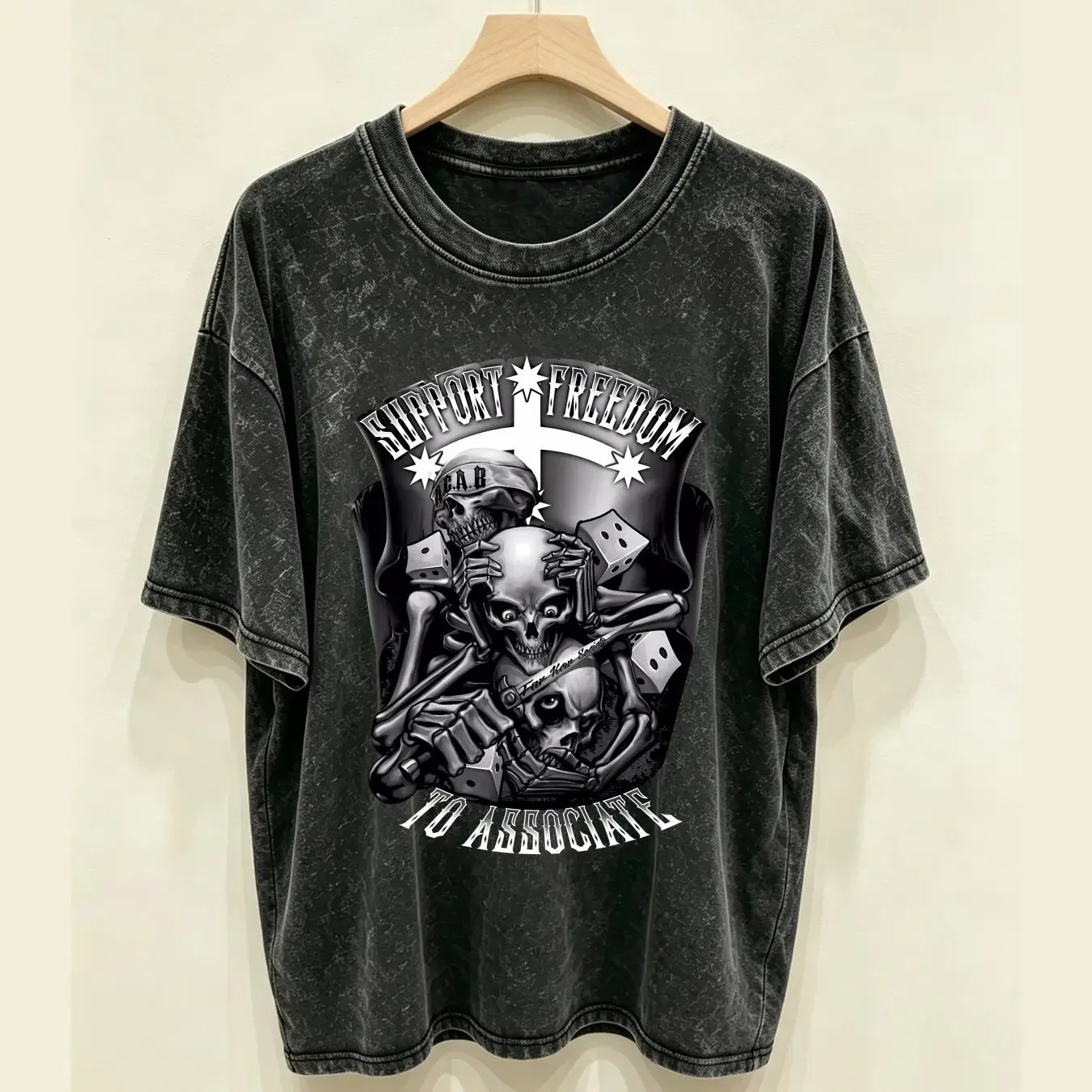 washed T Shirt BIKER FREEDOM TO ASSOCIATE NO VLAD 3 SKULLS SEE SPEAK HEAR EVIL vintage Washed Soft Top For Everyday Wear
