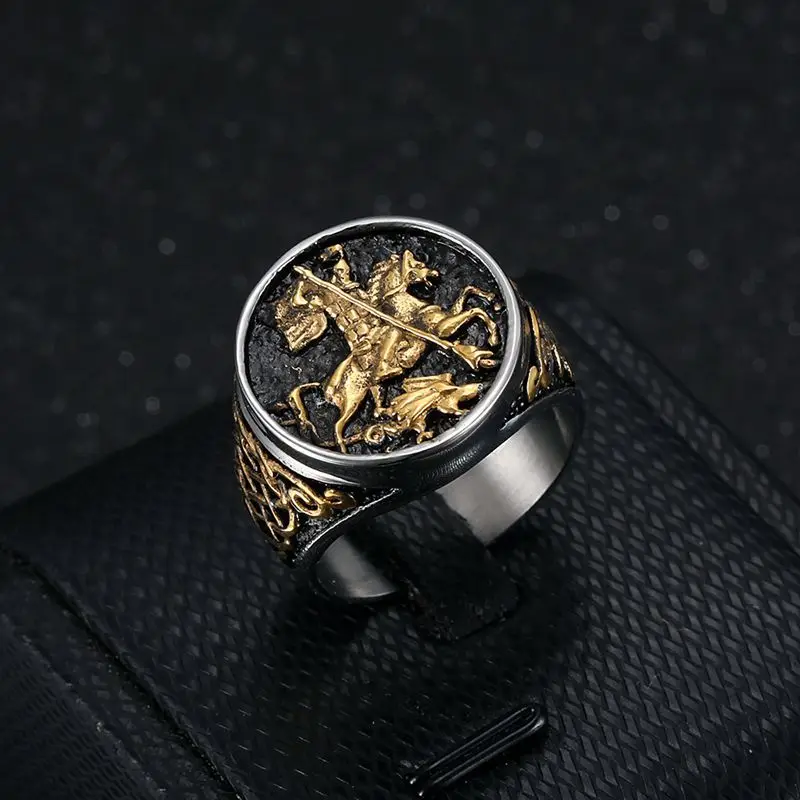 Anillo de Caballero Matadragones San Jorge para Hombre, de Acero Inoxidable, Chapado en Oro al Vacío, Diseño Clásico de Armadura