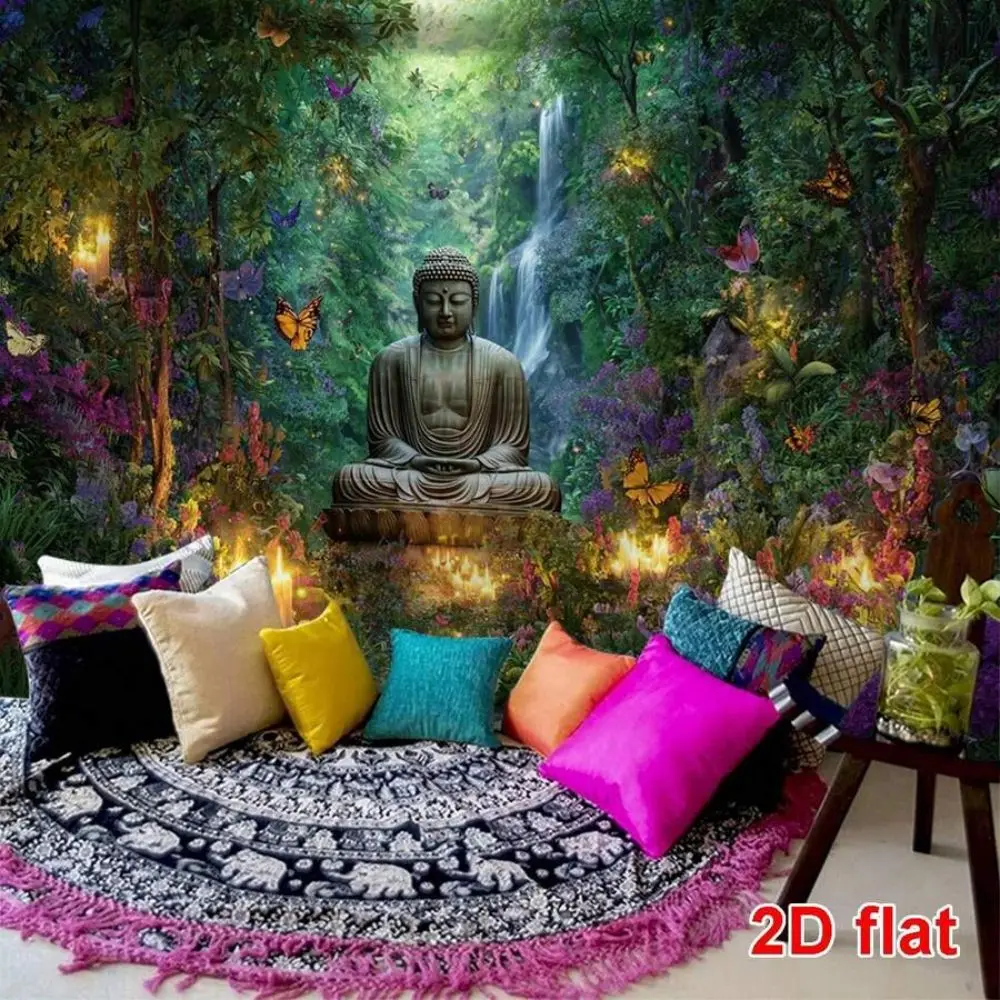 Zen Forest Buddha Statue Tapestry Waterfall Garden Wall Decoration Living Room Bedroom Yoga Room Tapestry Home Decoration