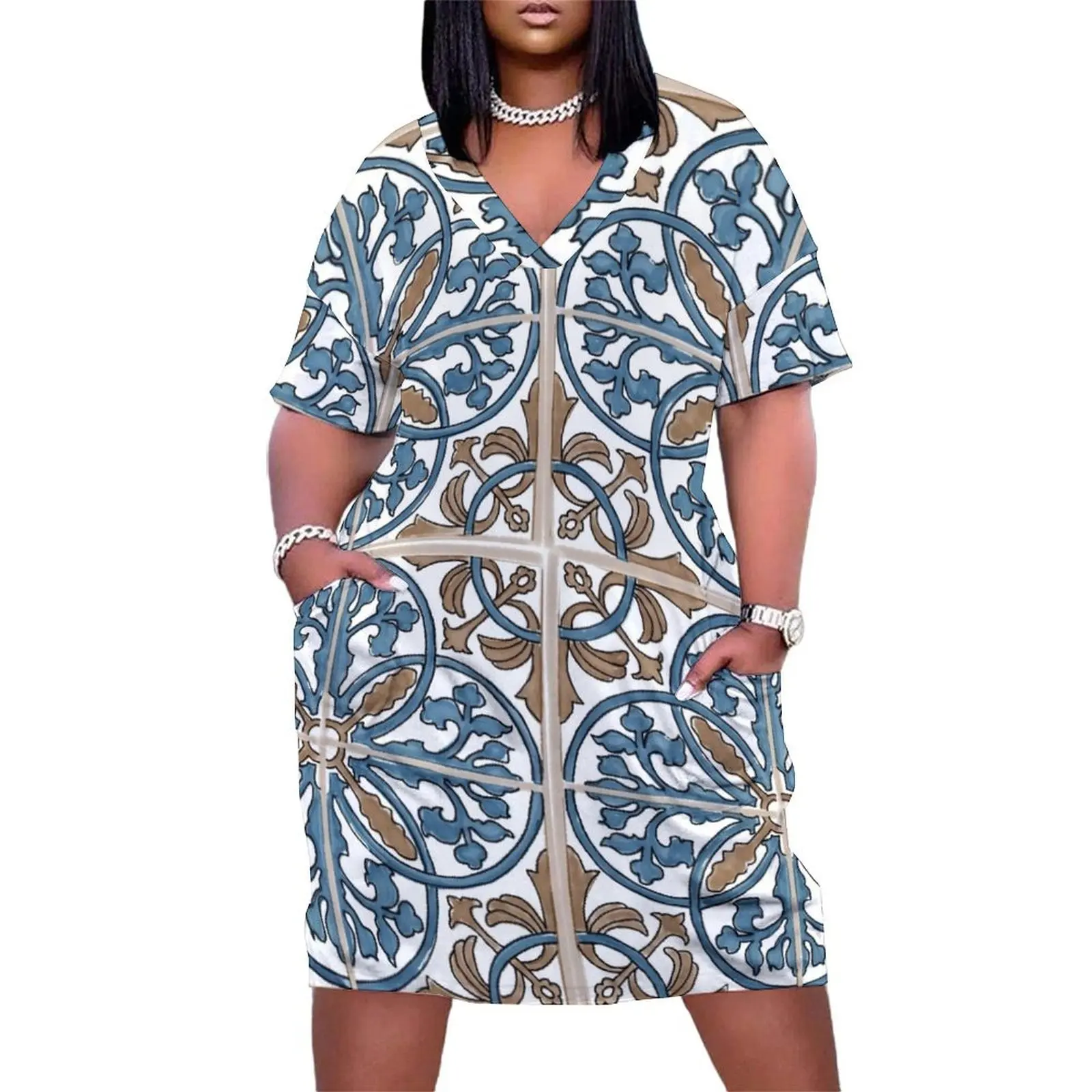 

Talavera in Blue & Khaki Loose Pocket Dress dress party night women's elegant loose dresses Women's summer skirt