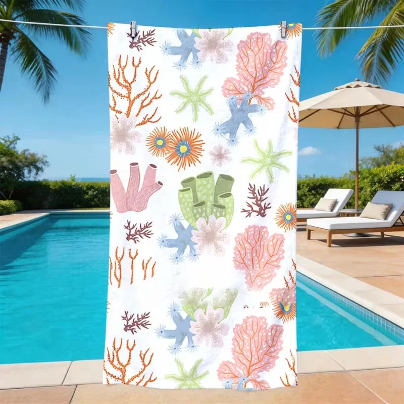 Hand Drawn Coral Beach Towel Quick Dry Sand Free Cute Towel Tropical Ocean Theme for Beach Pool Spa Travel
