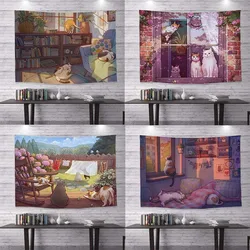 Cute Cat Print Background Cloth Office Living Room Tapestry Home Wall Decoration Tapestry