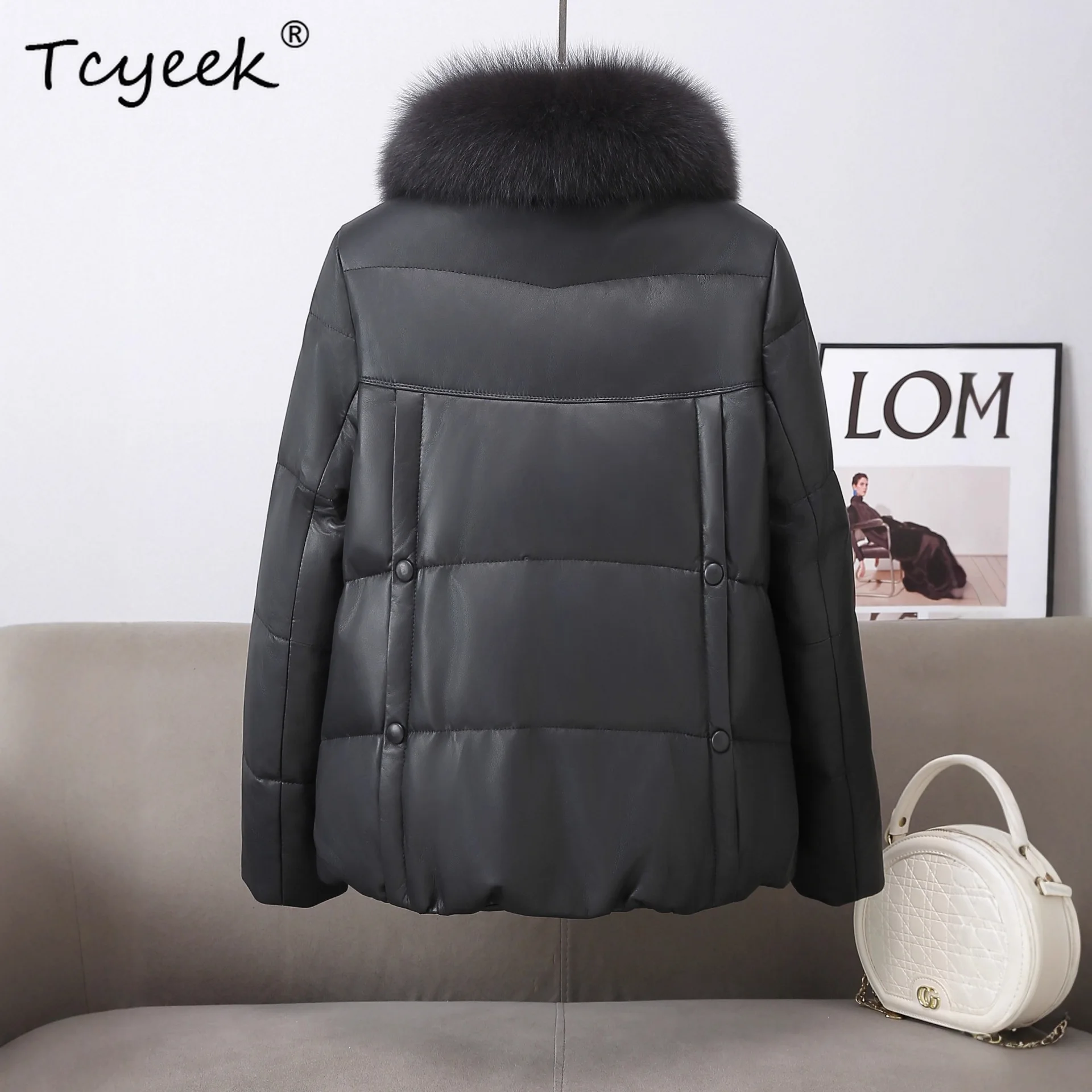 Tcyeek سترة جلدية أصلية للنساء ملابس الشتاء 2025 معطف من جلد الغنم الحقيقي امرأة دافئة أوزة أسفل معاطف الثعلب الفراء طوق