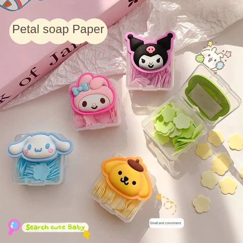 Sanrio Hello Kitty Kuromi My Melody Petal Flakes Soap, Sabão Portátil ao Ar Livre, Sabão Criativo, Fácil de Armazenar Quando Viajando