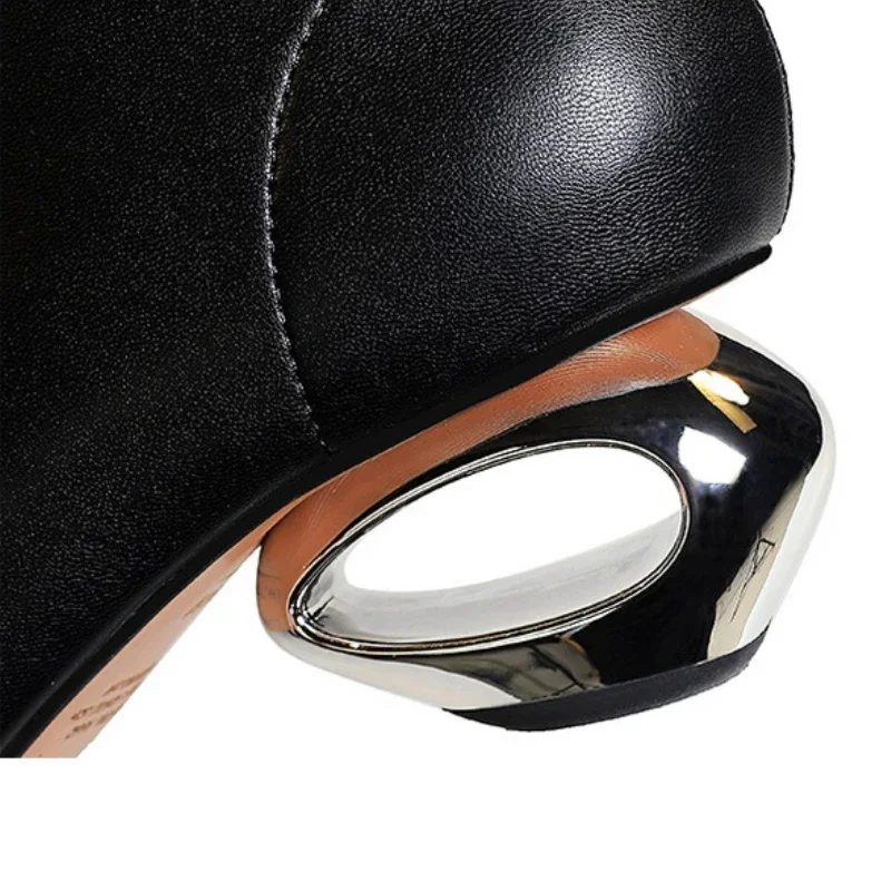 المعادن كعب مجوف أحذية بوت قصيرة للنساء أشار أصابع الشارع كعب منخفض التمهيد مصمم الازياء غير النظامية عالية الكعب بوتاس الفقرة Mujer #6