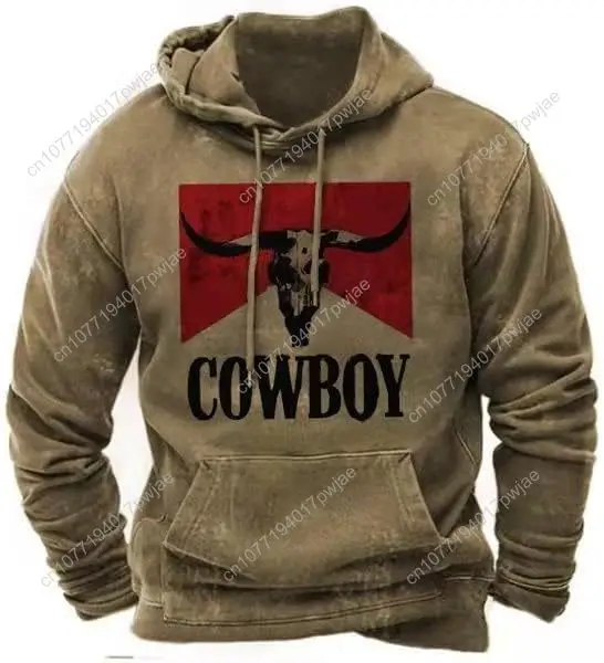 

PORCLAY Cowboy Hoodie for Men Western Aztec Hooded Sweatshirt Country Graphic Print Oversized Pullover Shirts with Pocket