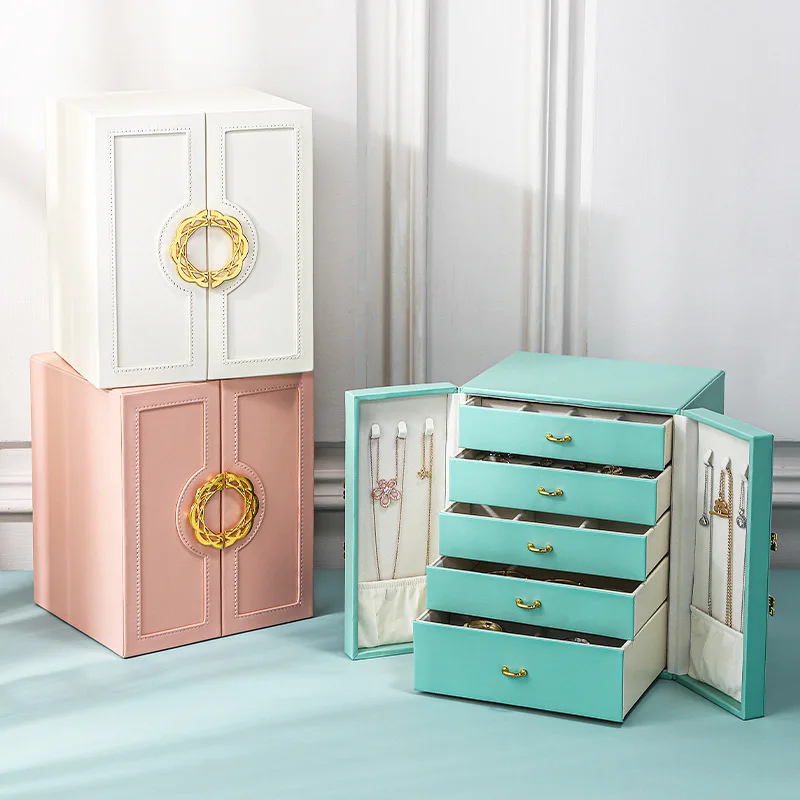 High-grade Cortex Five-layer Retro Chinese Large Capacity Necklace Ring Jewelry Storage Gift Box