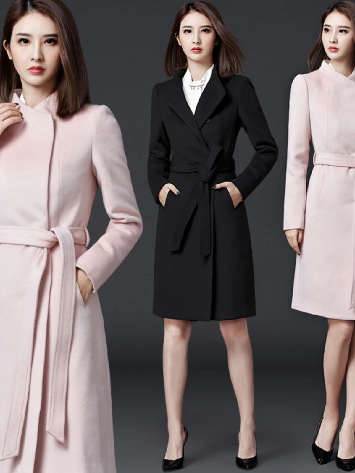 Women's Woolen Coat Autumn Winter Thickened Fitting Waist Design Mid-Length Black Tweed Jacket Office Workwear Stylish Outerwear