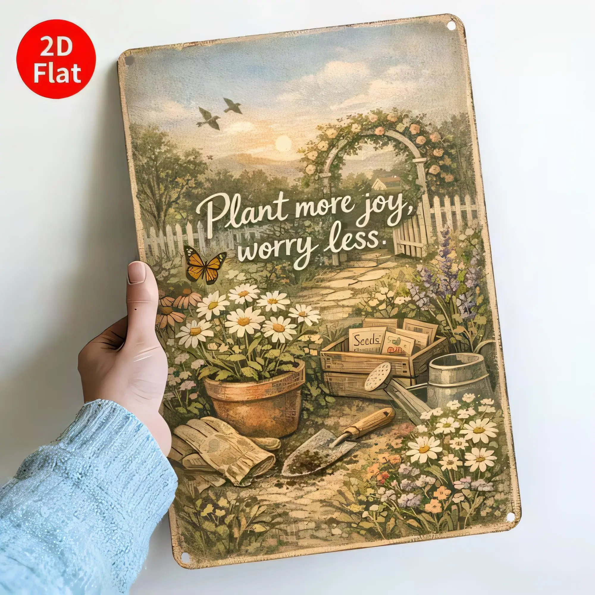 Tin Sign Plant More Joy Worry Less Vintage Garden Quote Metal Sign  Rustic Farmhouse Wall Decor  Hanging Plaque for Yard Patio S
