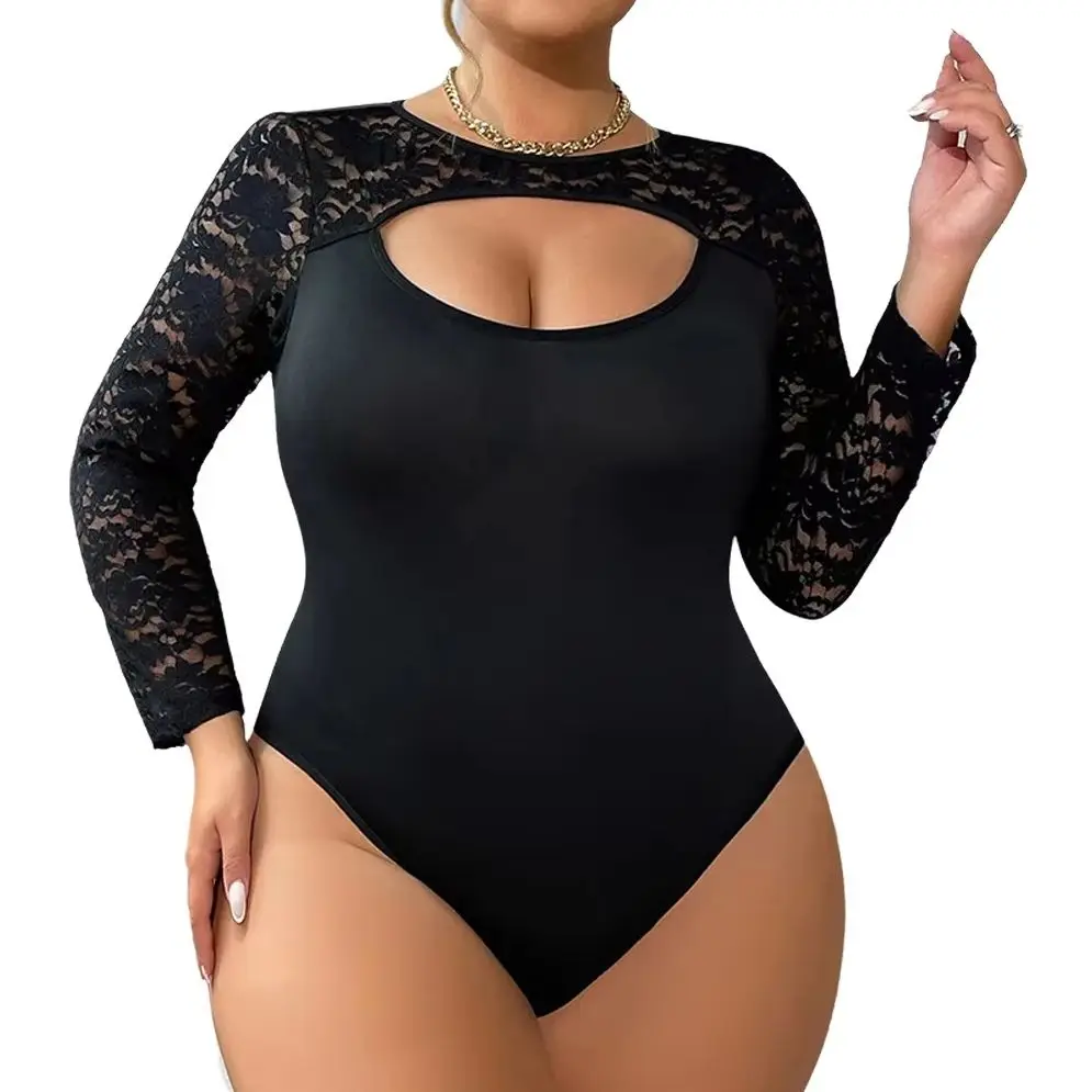 plus Size Slimming Bodysuit European Style Lace Splice Long Sleeve Shapewear Bodysuit Curve Embracing Fashion