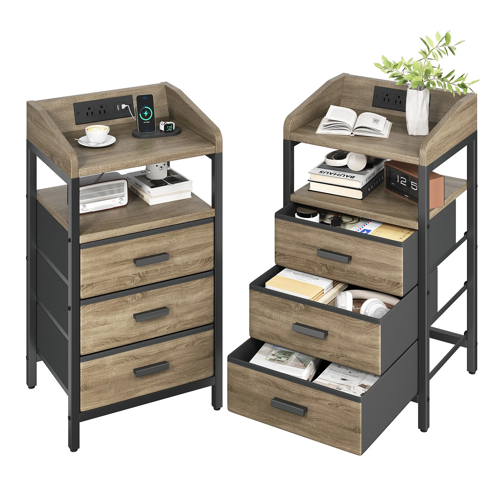 

NEW 2 Pack Night Stand with Charging Station and Light Bedside End Table with 3 Fabric Drawers 2 USB Ports Outlets for Bedroom