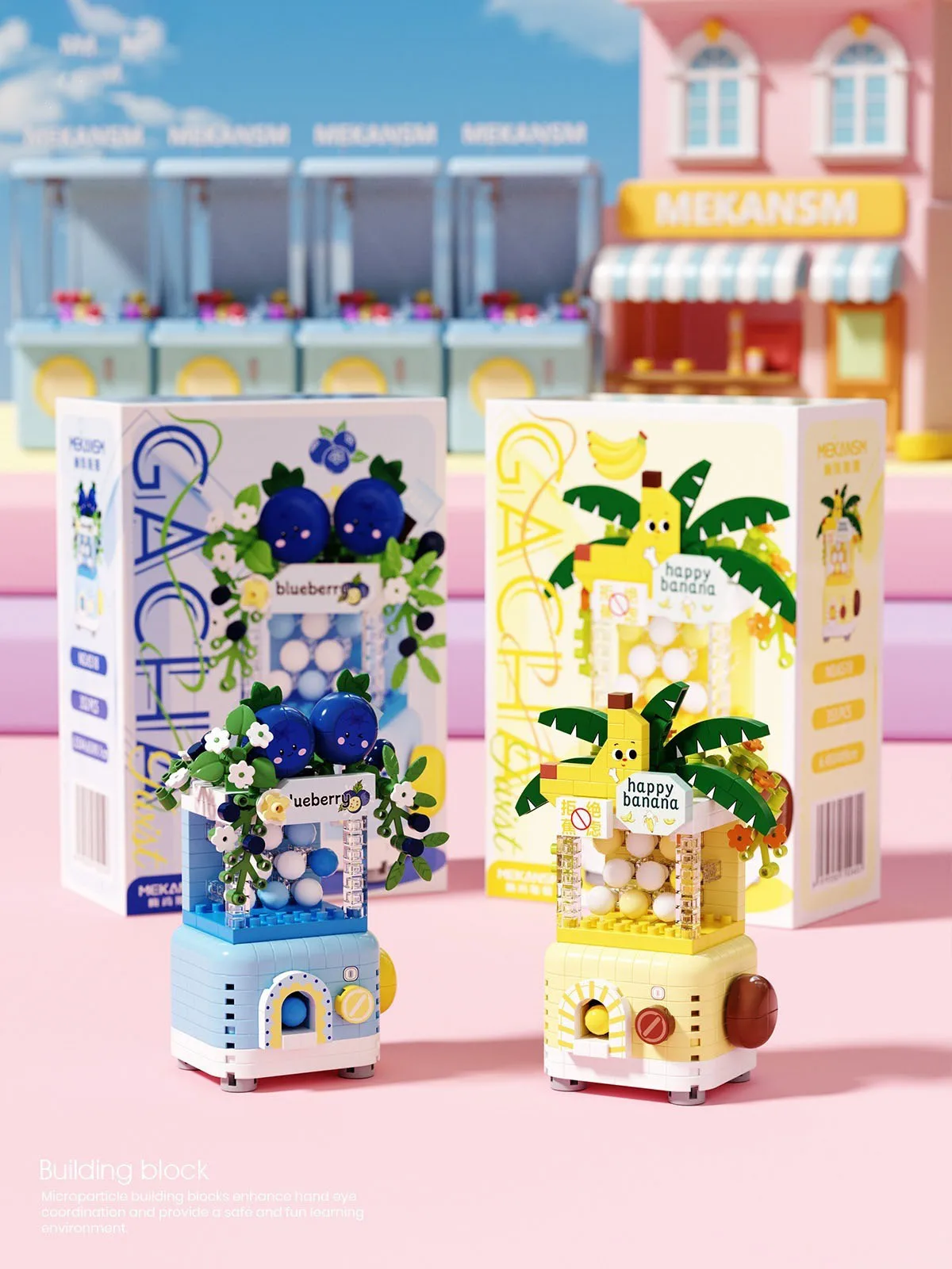 

6pcs Banana Peach Fruit Shop Store Street View Gacha House Building Blocks Kit, Girls Bricks Model Gift Assembly Toy