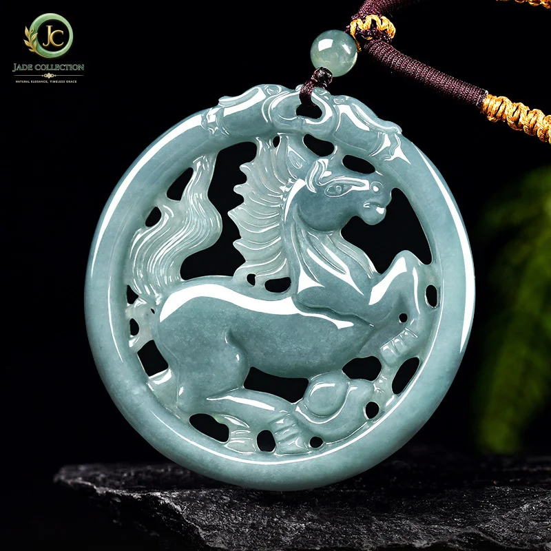 NaturalAJadeite blue water zodiac horse ingot hollow pendant, brings instant wealth, ice jadeite, unisex jade ornament