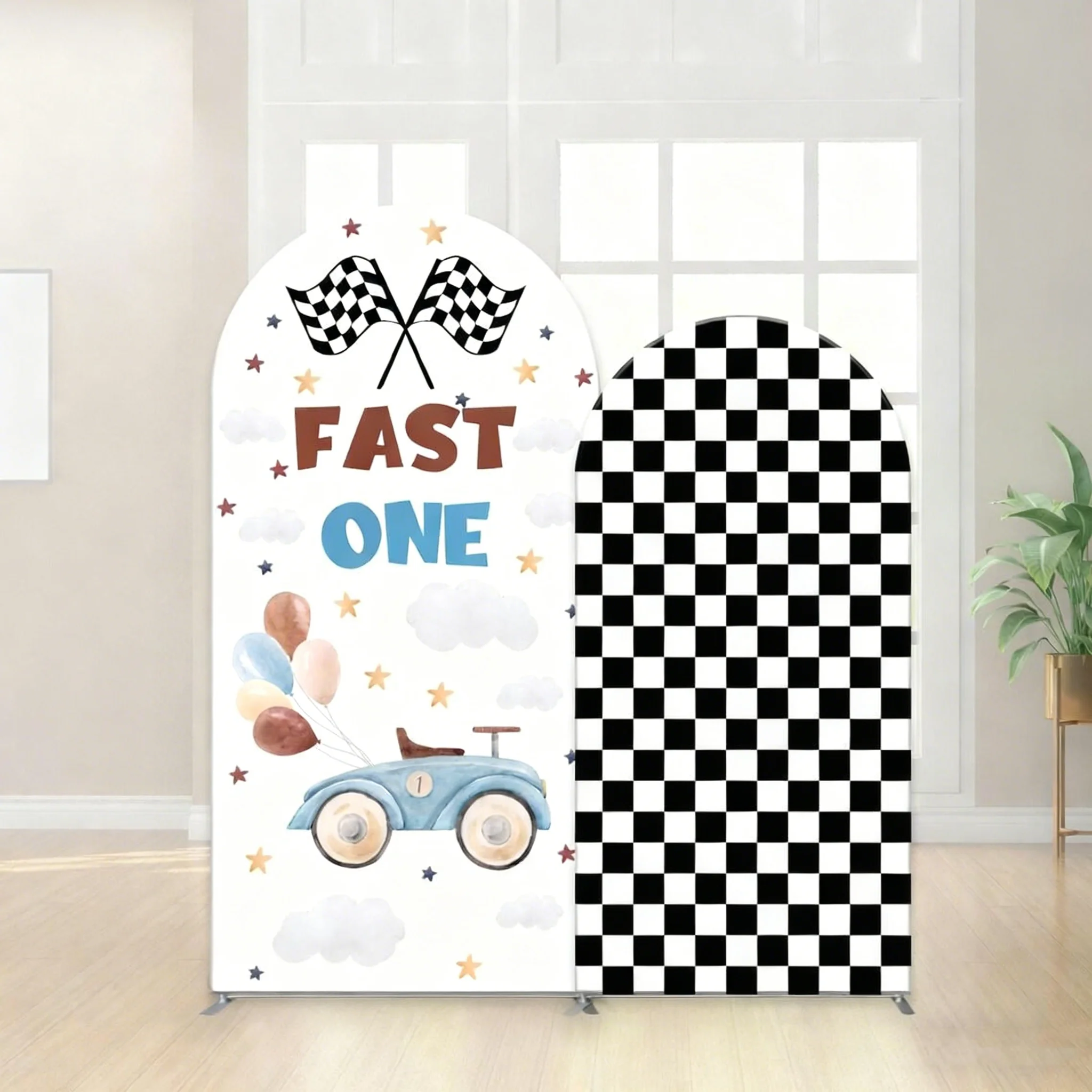 

LS Custom 2-Sided Fast One Racing Car Boys Birthday Party Baby Shower Covers Chiara Arch Background Decor Backdrop Photo