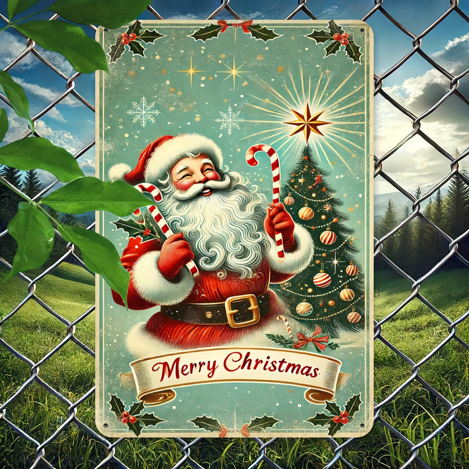 2D Flat, 1pc 2D Flat PrintingVintage Santa Claus Metal Sign- Retro Christmas Wall Decor with Merry Christmas Text, Snowflakes Ho