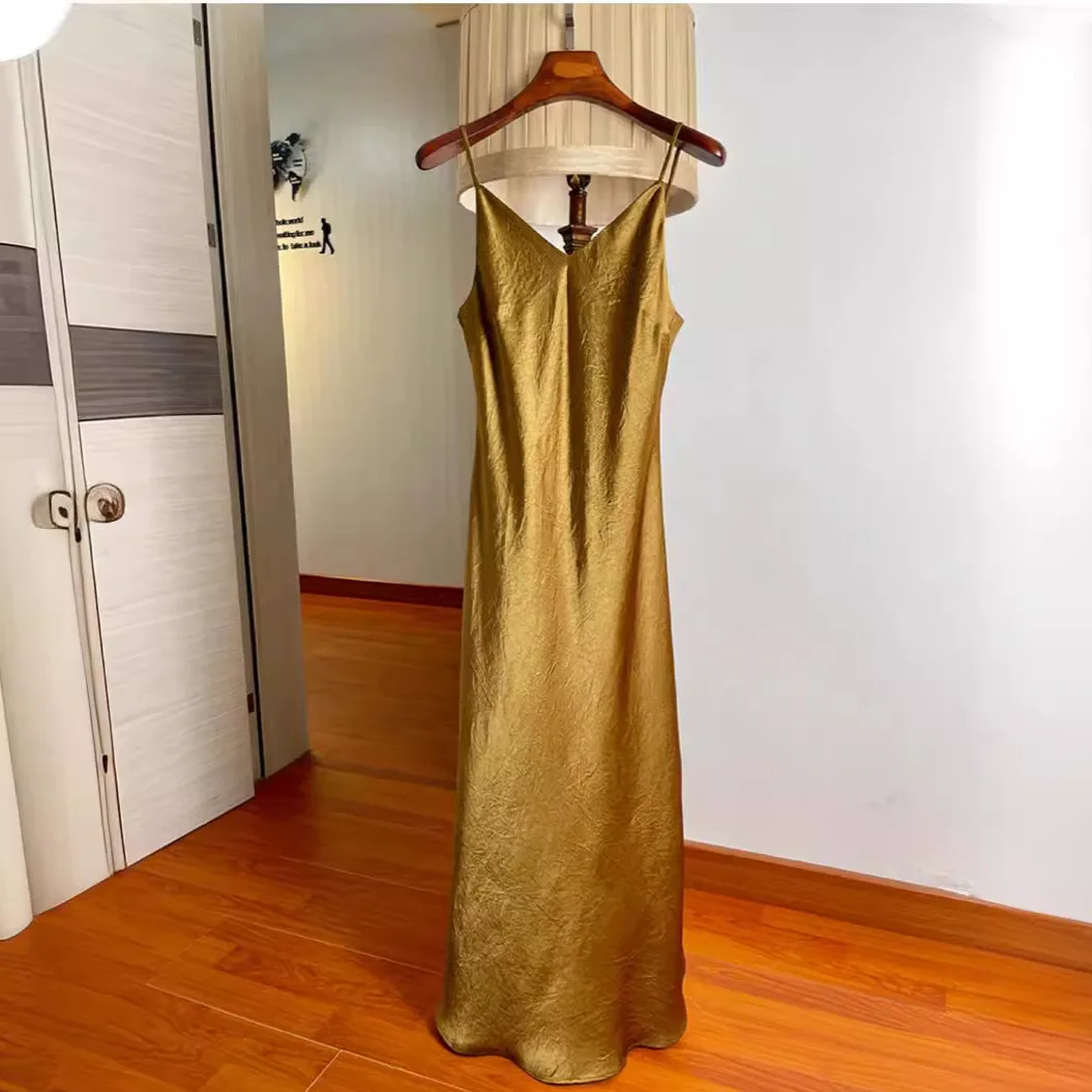 Gilded acetate suspender dress long fashionable texture pleated V-neck high waist slim dress drape