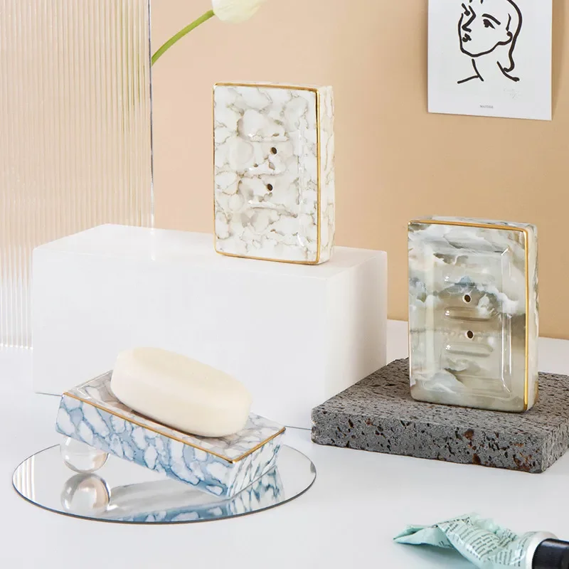 Creative Oval And Square Gold-Edged Porcelain Soap Dish Bathroom Drainage Soap Holder Hotel Bathroom Accessories Soap Tray Decor