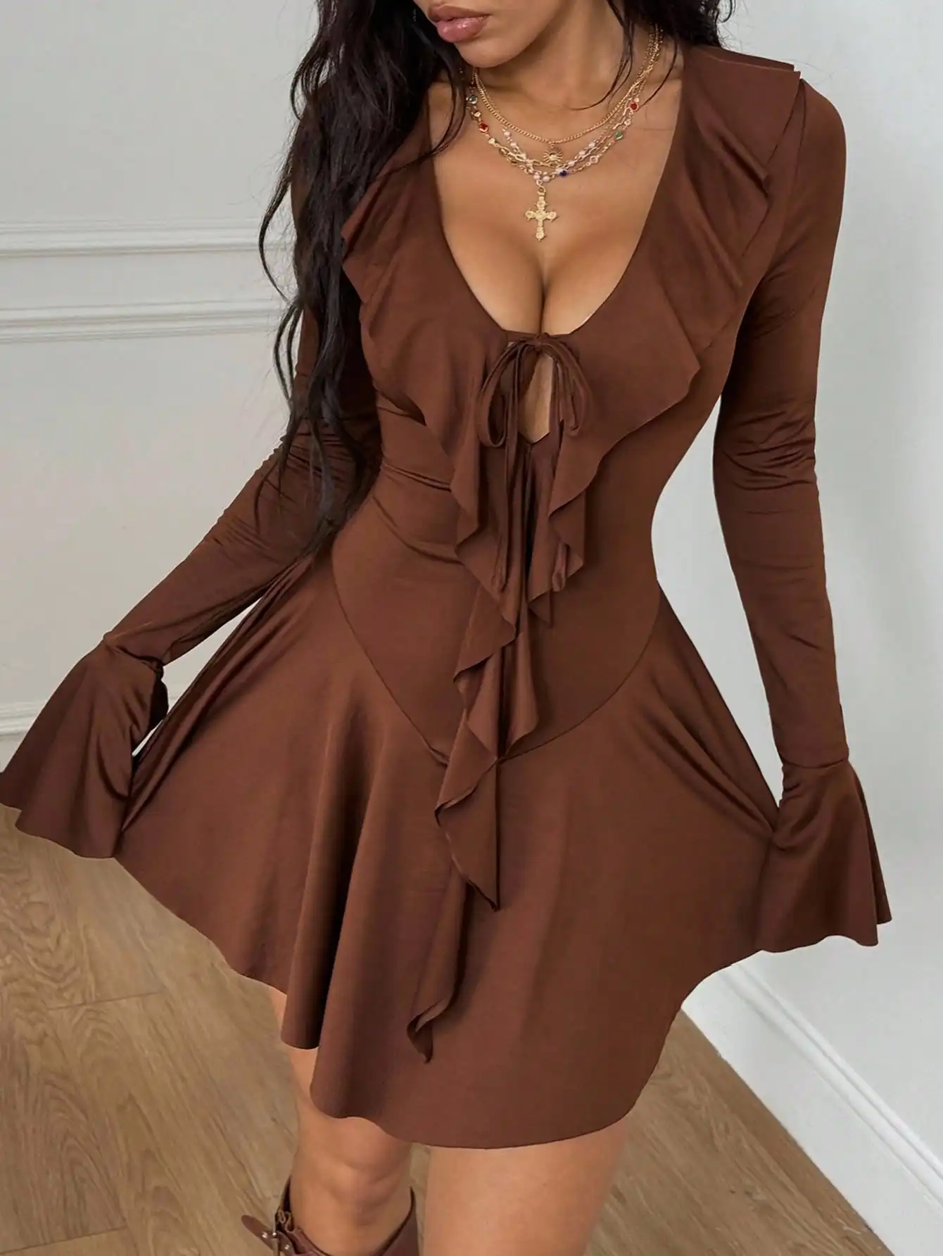 BWQ Women's Fall/Winter Back To School Western Wear Cowgirl Y2K Stretchy Ruffle V-Neck Tie Front Pleated Mini Elegant Dresses