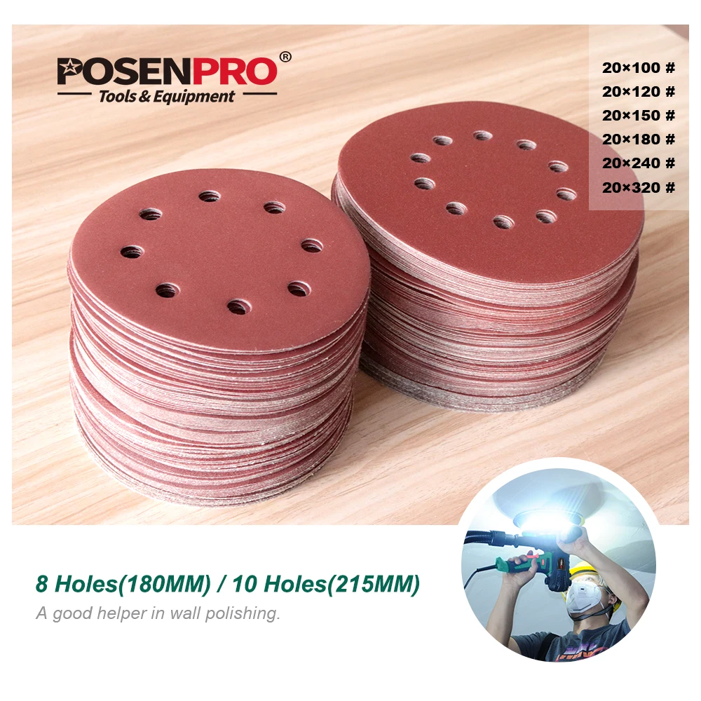 

180mm/225mm Sanding Disc Sandpaper Assorted holes 100/120/150/180/240/320 Grit For 180/215 Electric Dry Wall Sander Polisher