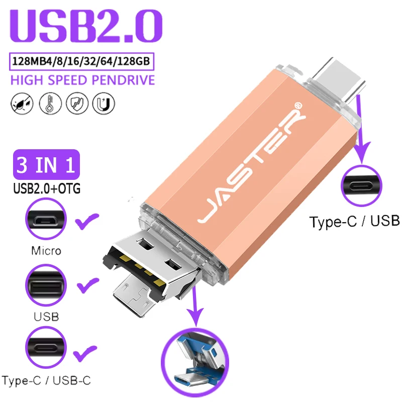 New Type-C 3IN1 OTG 128GB High Speed USB Flash Drive 64GB Real Capacity Pendrive 32GB Type-C 3IN1 OTG Pen Drive For OTG Devices