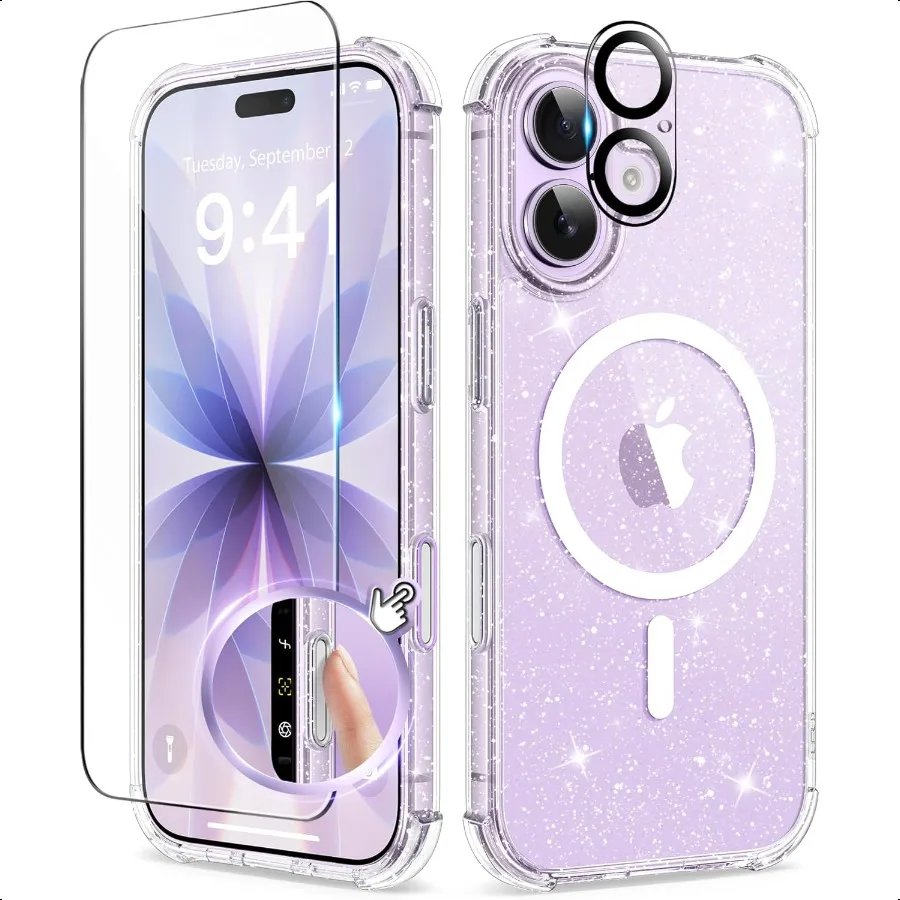 

BERFY for iPhone 17 Case for Women Compatible with MagSafe Clear Glitter Shockproof Protective Case AntiYellowing with Screen P