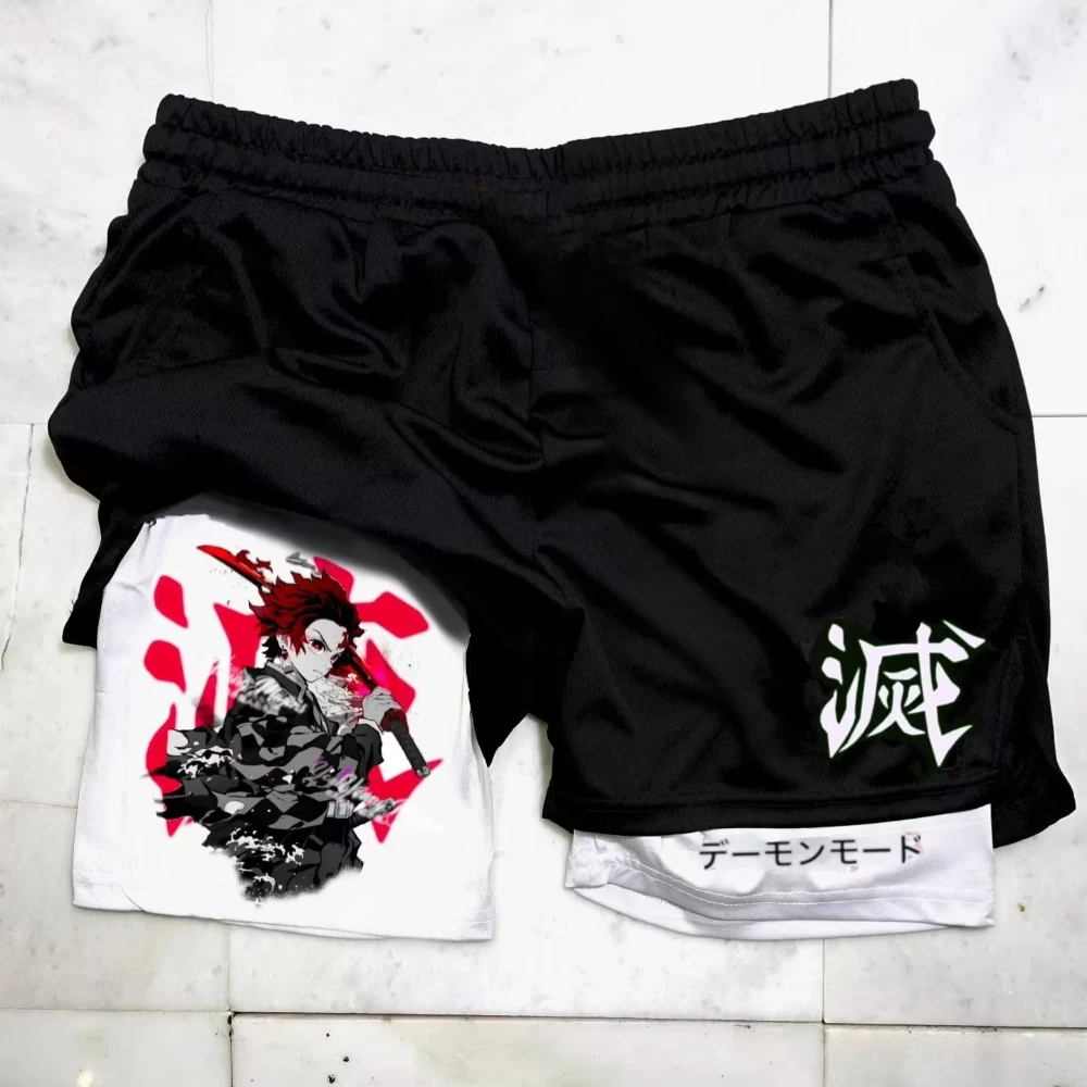Demon Slayer Original พิมพ์กีฬา Double-Layer กางเกงขาสั้นฤดูร้อน Men's GYM ฟิตเนส Breathable Quick-Drying Casual 2-in-1 กางเกงขาสั้น