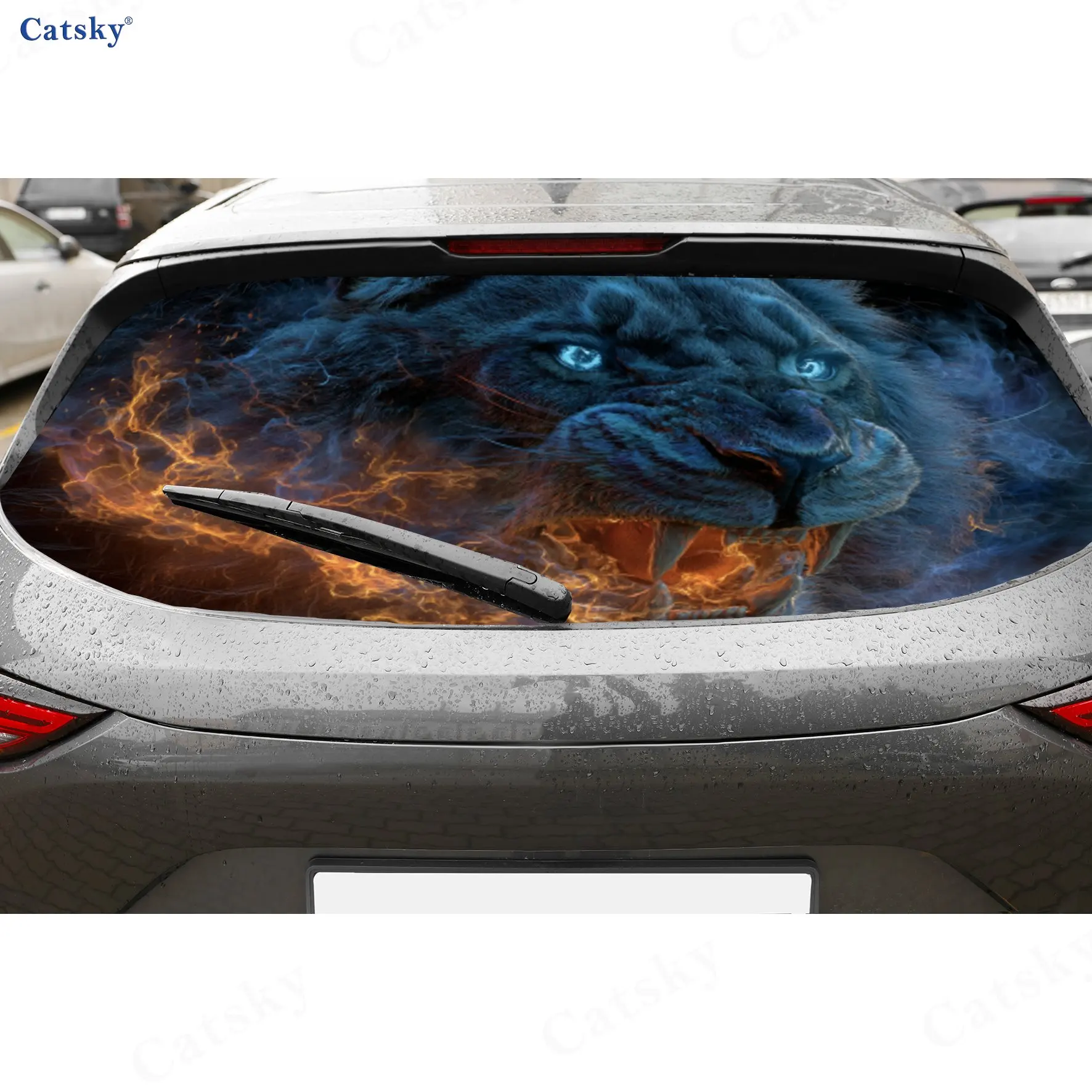 Autocollants en vinyle perforé pour voiture Epic Majestic Lion Flame PVC, autocollant durable pour pare-brise arrière de voiture, autocollant imperméable pour vitre arrière de voiture