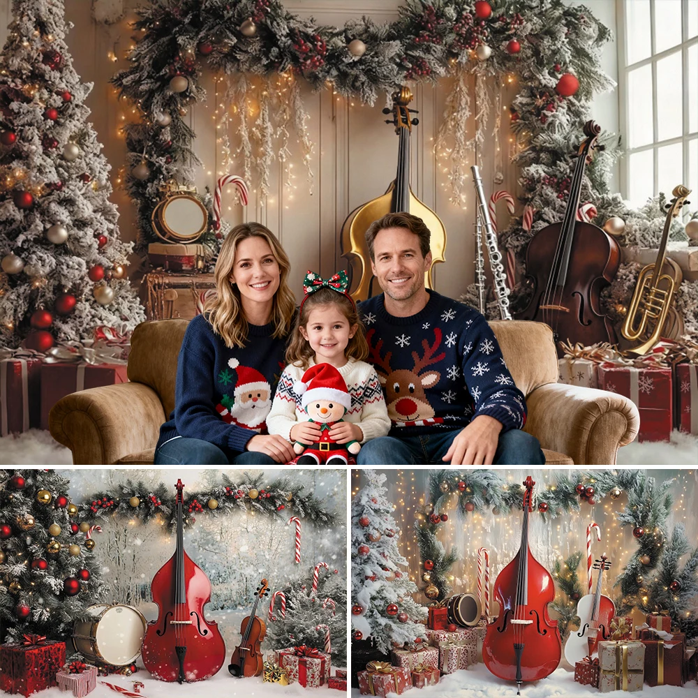 Merry Christmas Photography Background Music Theme Cello Decoration Indoor Xmas Tree Gifts Pattern Child Portrait Photo Backdrop