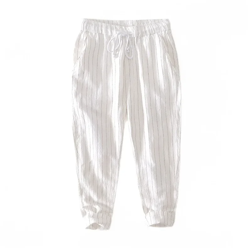 

Striped Casual Men's Summer Thin Contrast Elastic Waist Lace Up Small Feet Straight Tube Loose Large Crop Pants